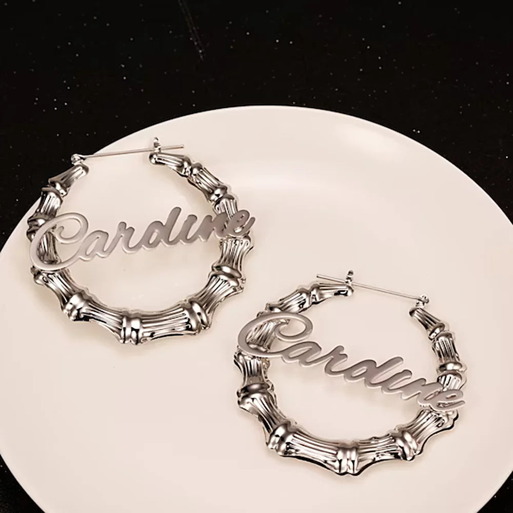 Bamboo Custom Name Earrings 50mm 80mm 100mm Big Hoop Earrings for Women Gold Stainless Steel Jewelry Personalized Christmas Gift