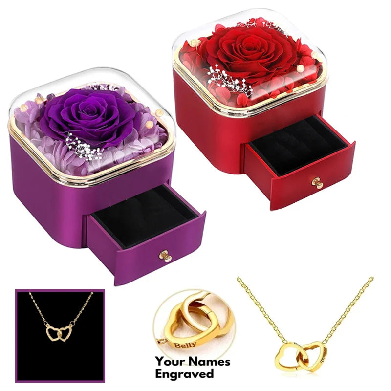 New Custom Name Heart Necklace With Eternal Rose Jewelry Gift Box For Girl Wife Mother's Day Valentine's Day Christmas Gifts