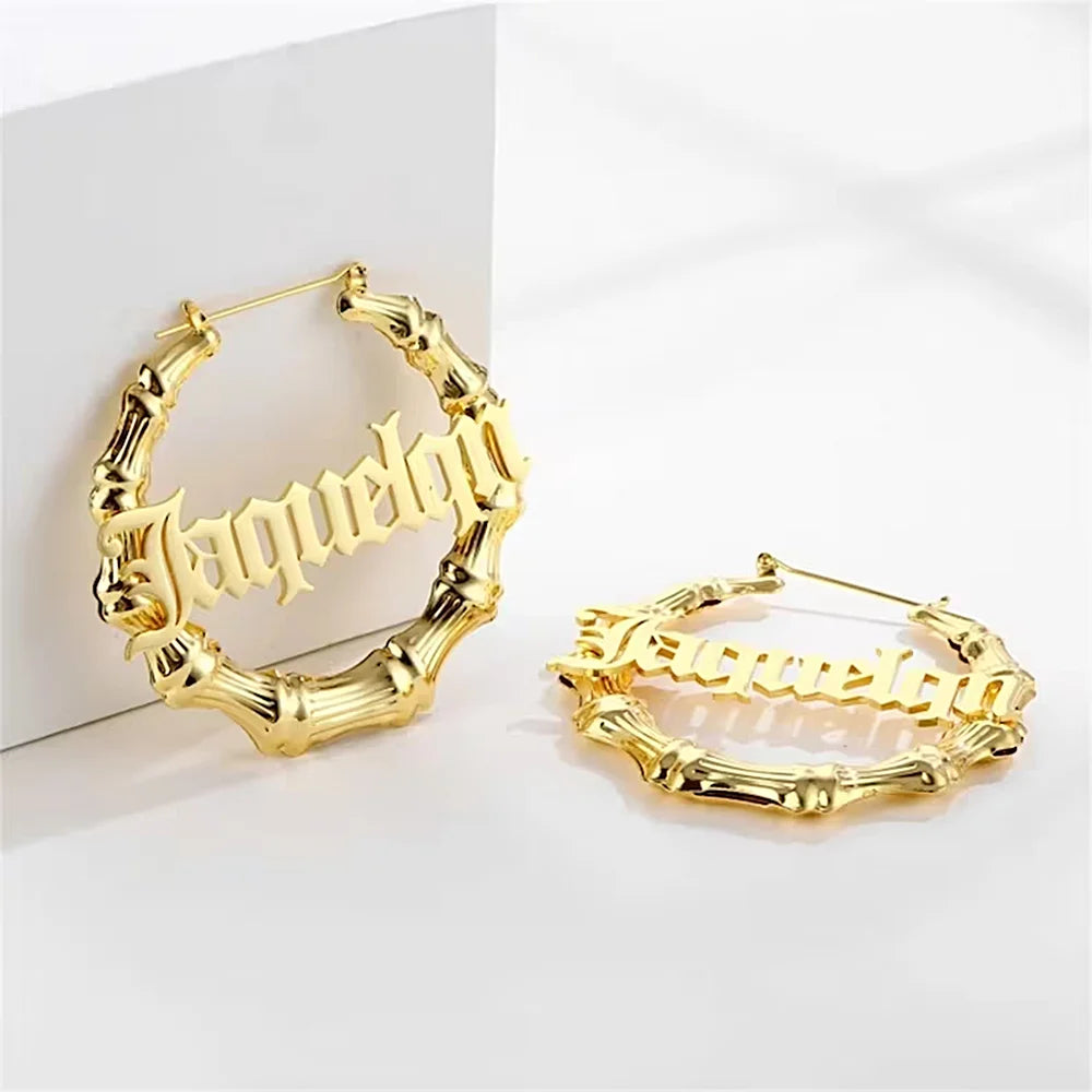 Bamboo Custom Name Earrings 50mm 80mm 100mm Big Hoop Earrings for Women Gold Stainless Steel Jewelry Personalized Christmas Gift