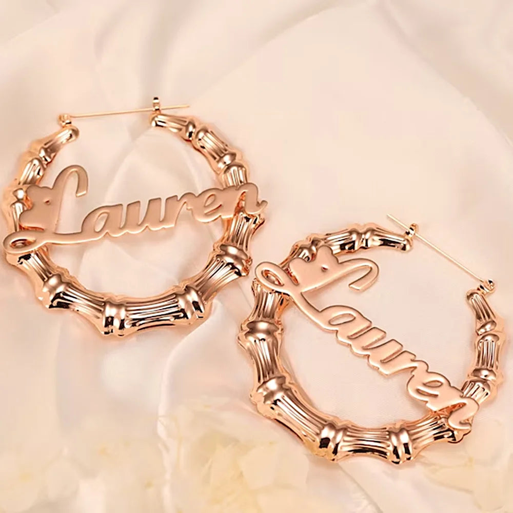 Bamboo Custom Name Earrings 50mm 80mm 100mm Big Hoop Earrings for Women Gold Stainless Steel Jewelry Personalized Christmas Gift
