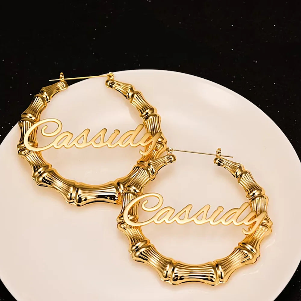 Bamboo Custom Name Earrings 50mm 80mm 100mm Big Hoop Earrings for Women Gold Stainless Steel Jewelry Personalized Christmas Gift